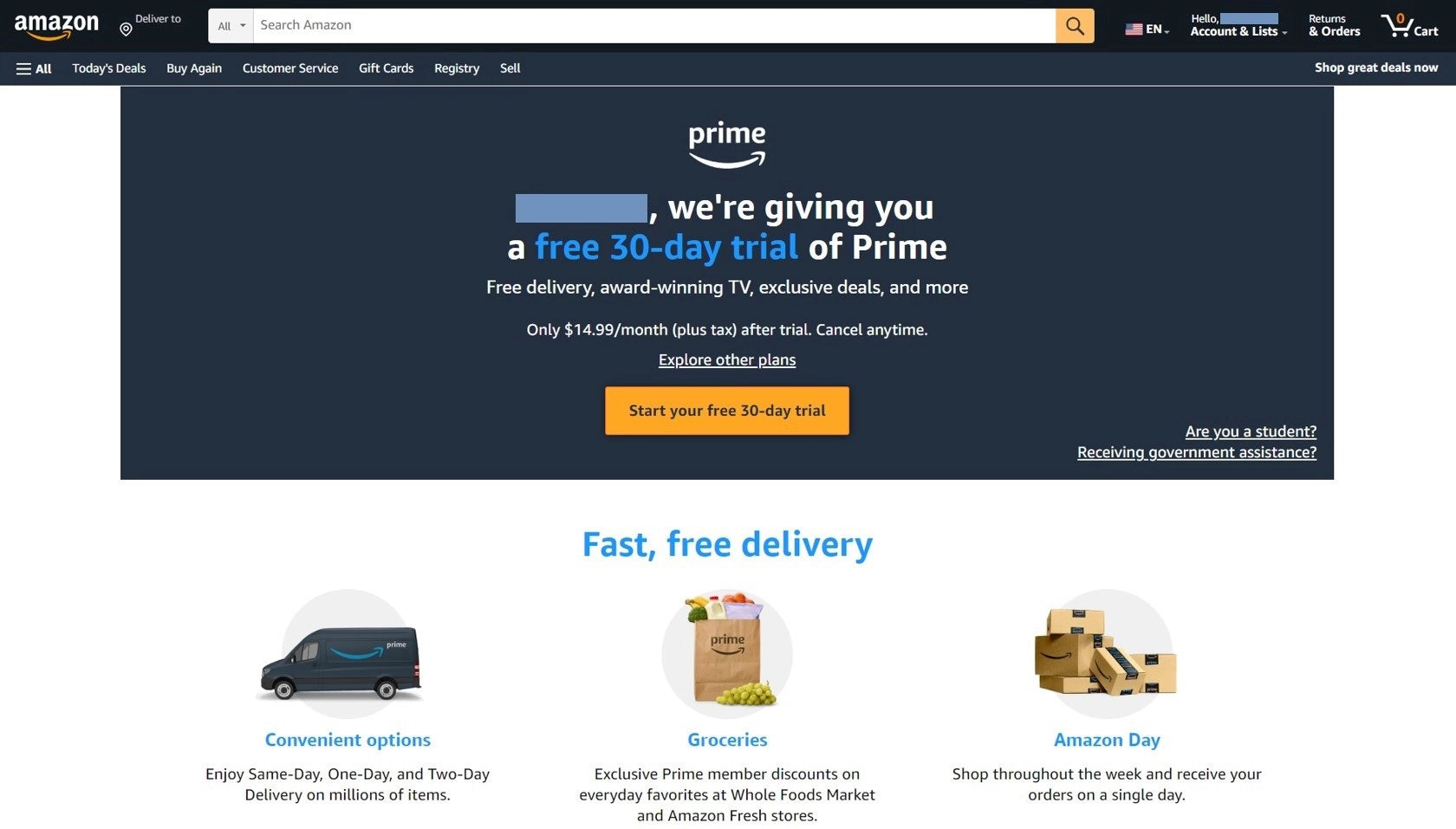 Amazon Prime webpage explaining the free delivery benefit