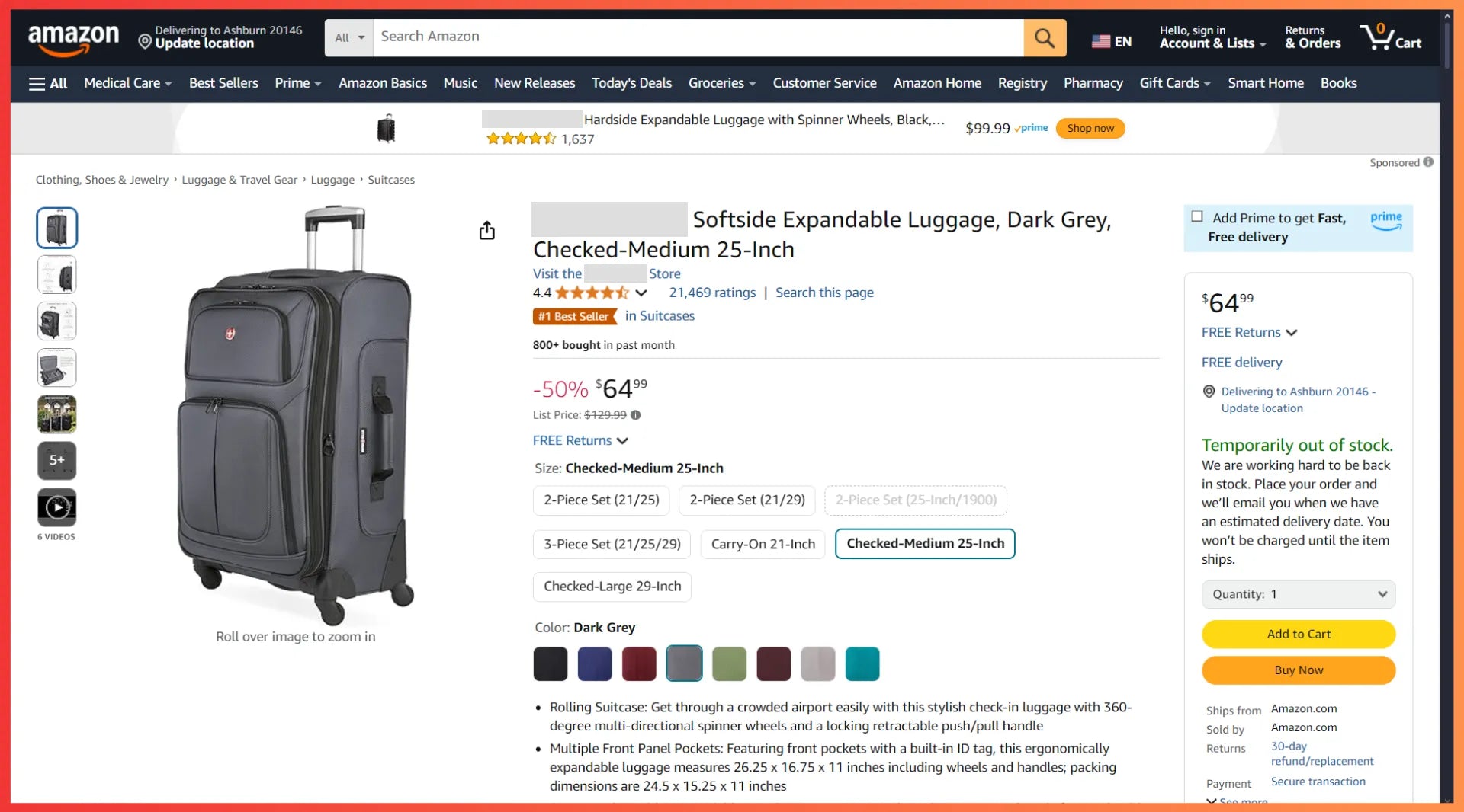 A luggage product on Amazon