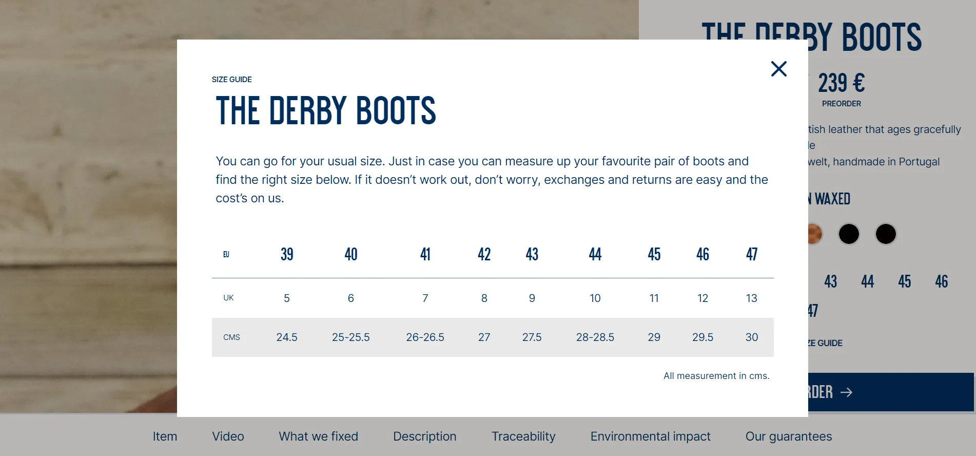 Screenshot of Asphalte the derby boots size guide.