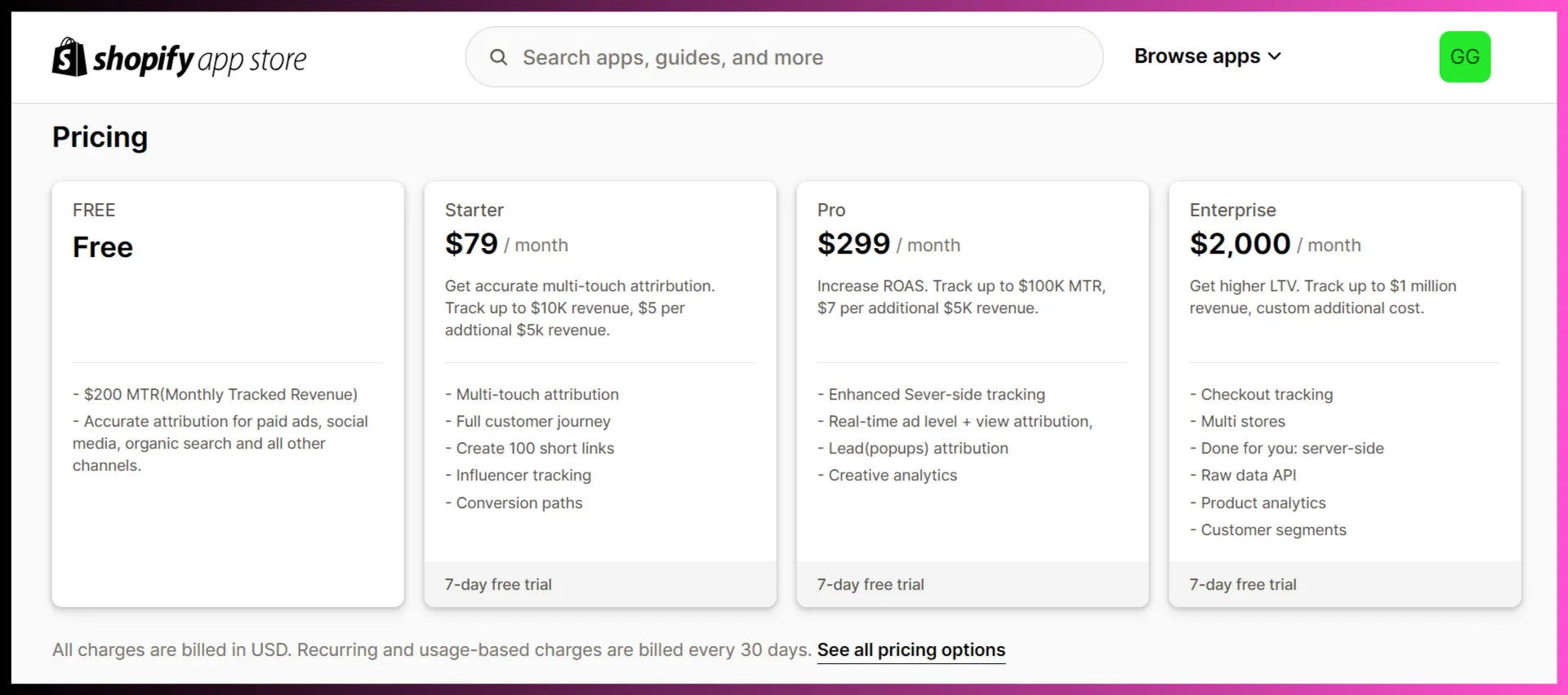 Attribuly’s pricing plans on the Shopify App Store