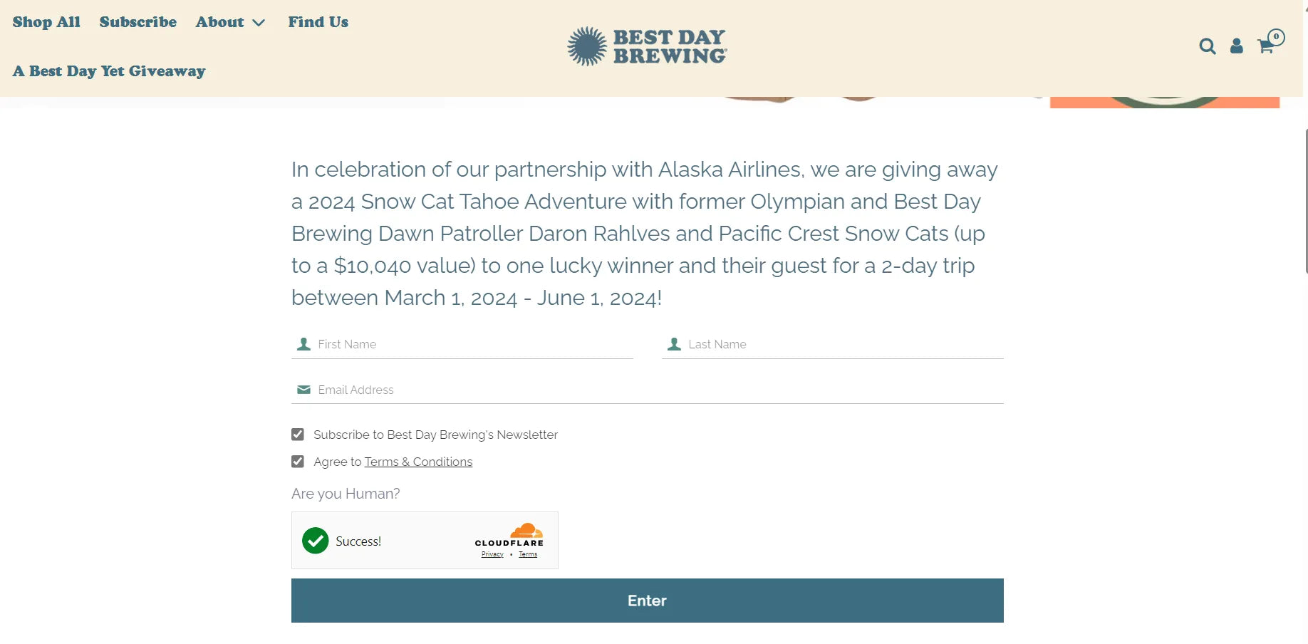 A screenshot of Best Day Brewing’s lead generation landing page.