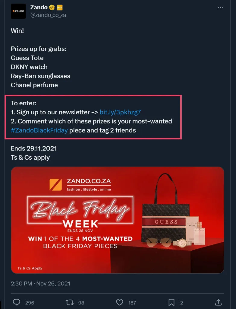 Zando’s X post for Black Friday promotion