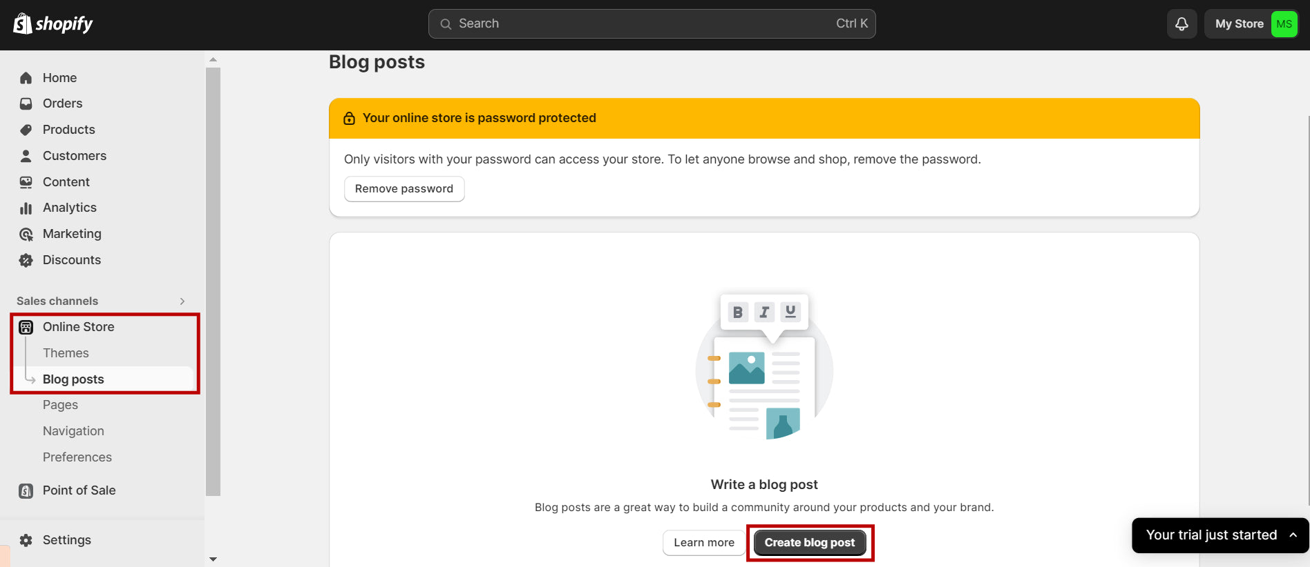 The blog posts page in the Shopify dashboard