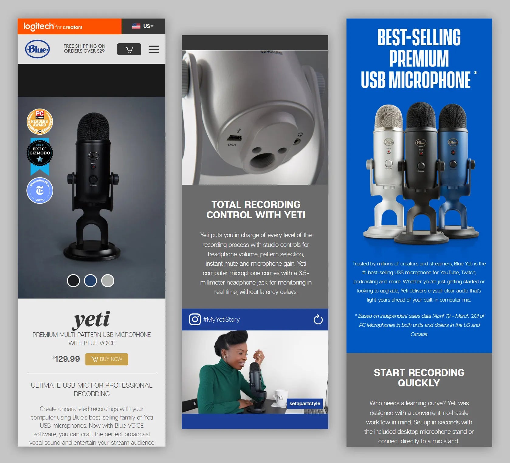 Blue microphone landing page example