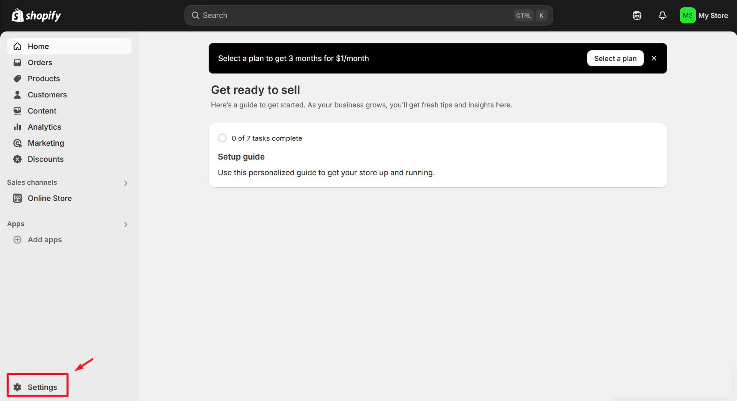 Screenshot of the Shopify admin dashboard.