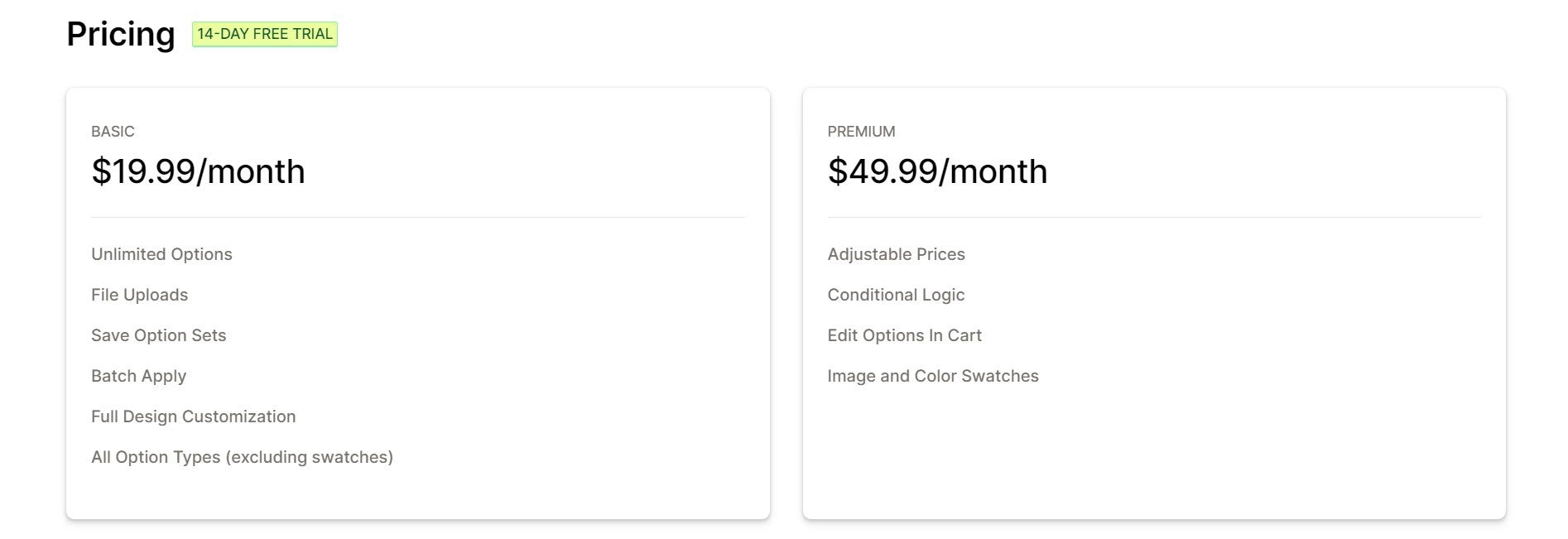 Shopify app pricing for Bolg Product Options app