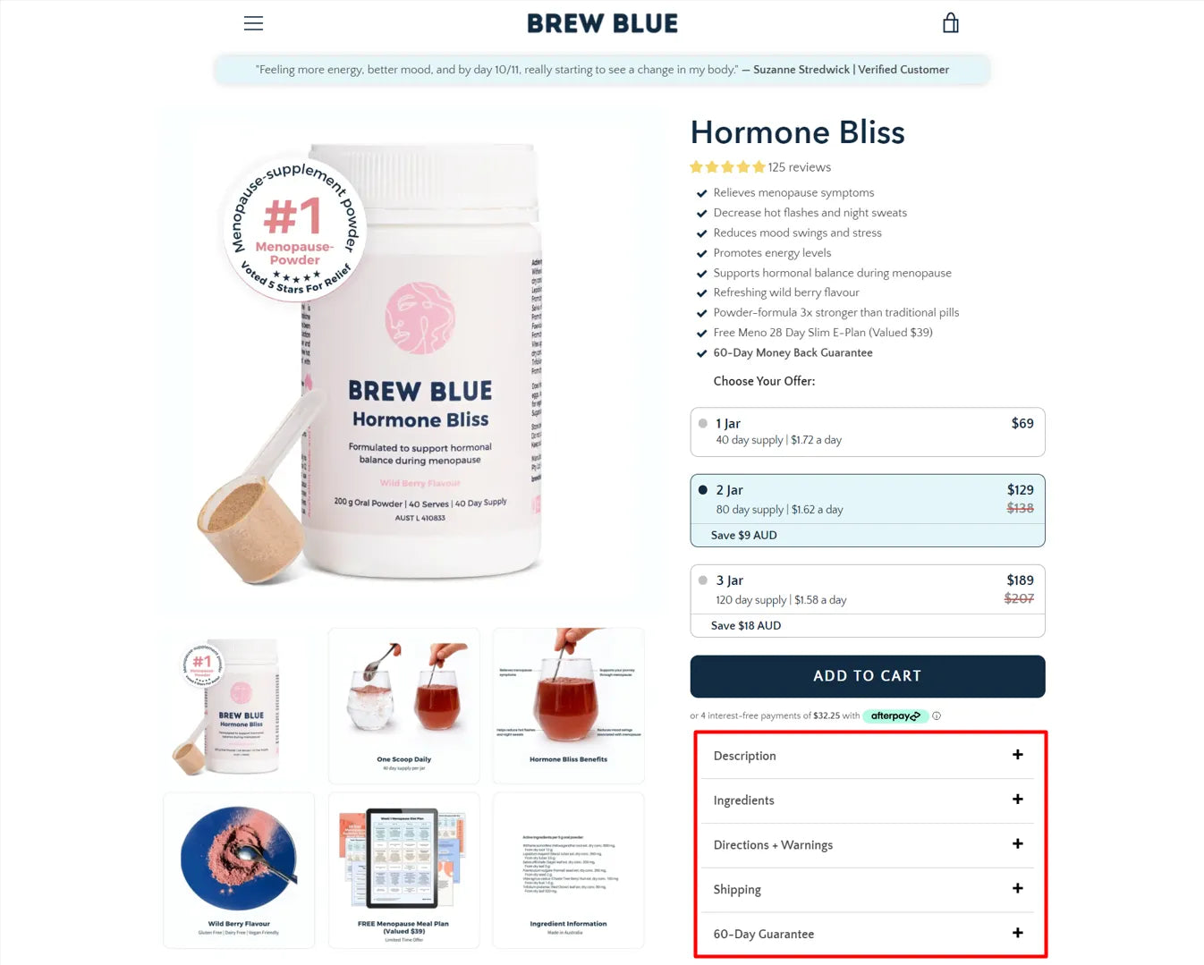 Screenshot of Brew Blue Tea’s product page.