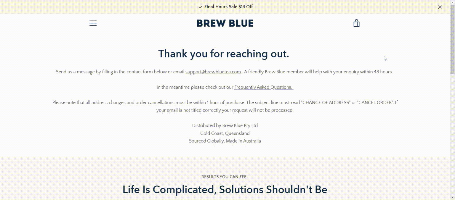 Screen recording of the Brew Blue Tea’s Contact Us page.