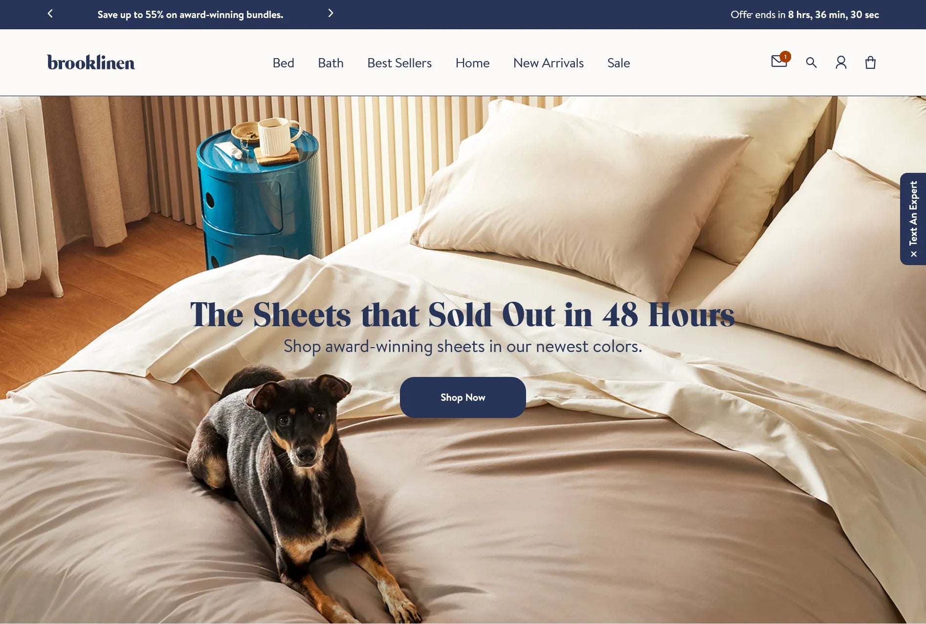Screenshot of Brooklinen’s website hero image.