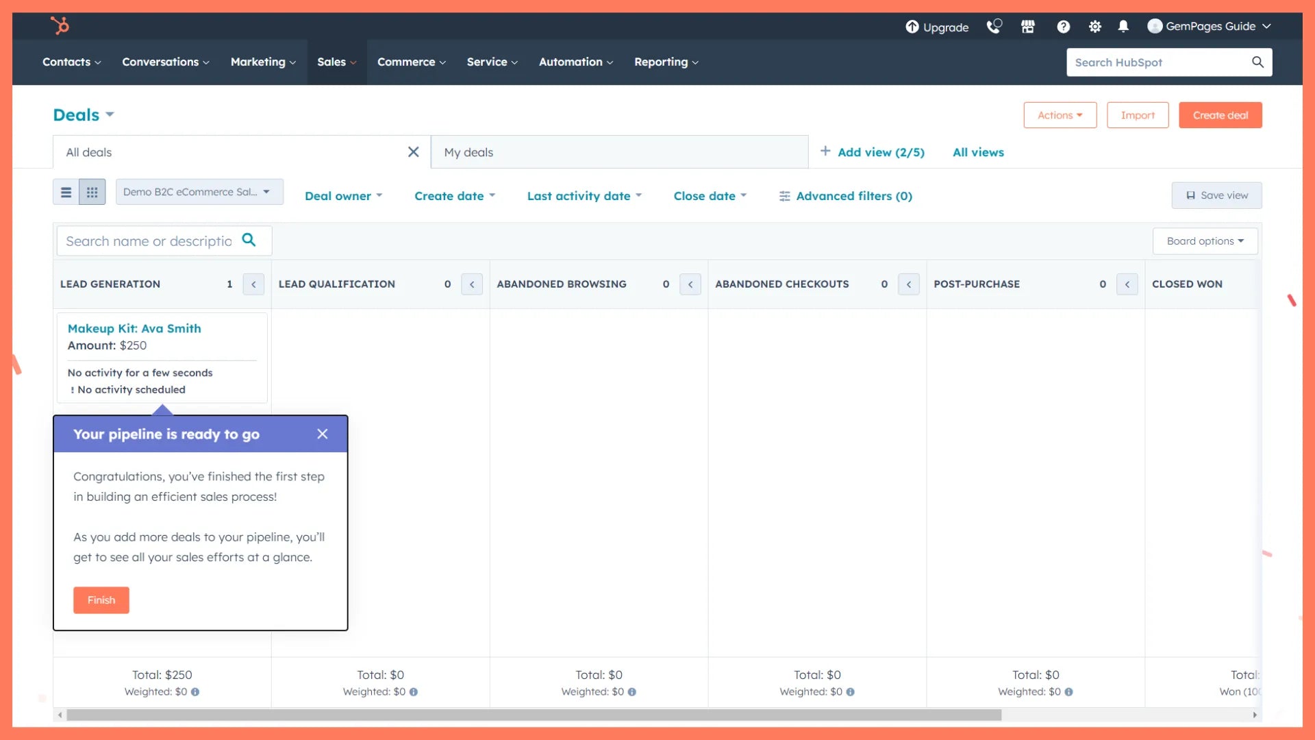 Newly created sales pipeline in the HubSpot CRM