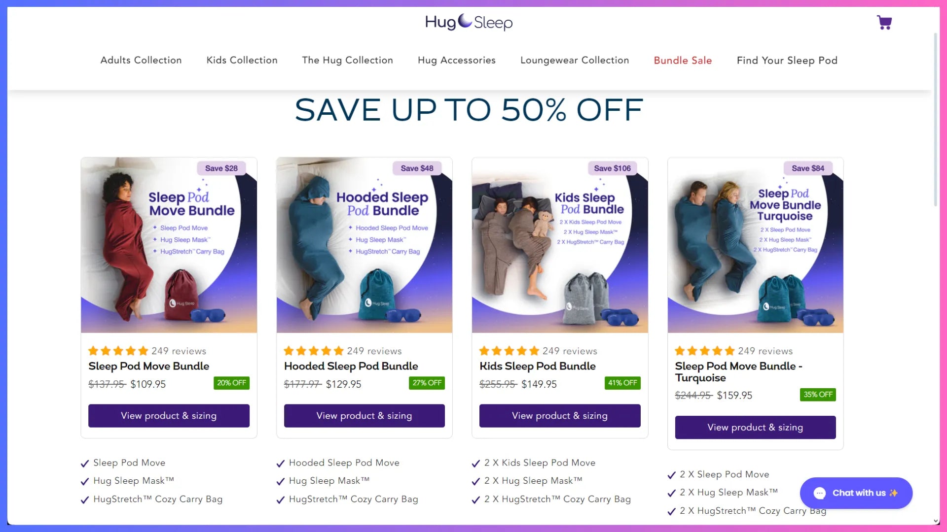 Venta de paquetes en el sitio web de Hug Sleep