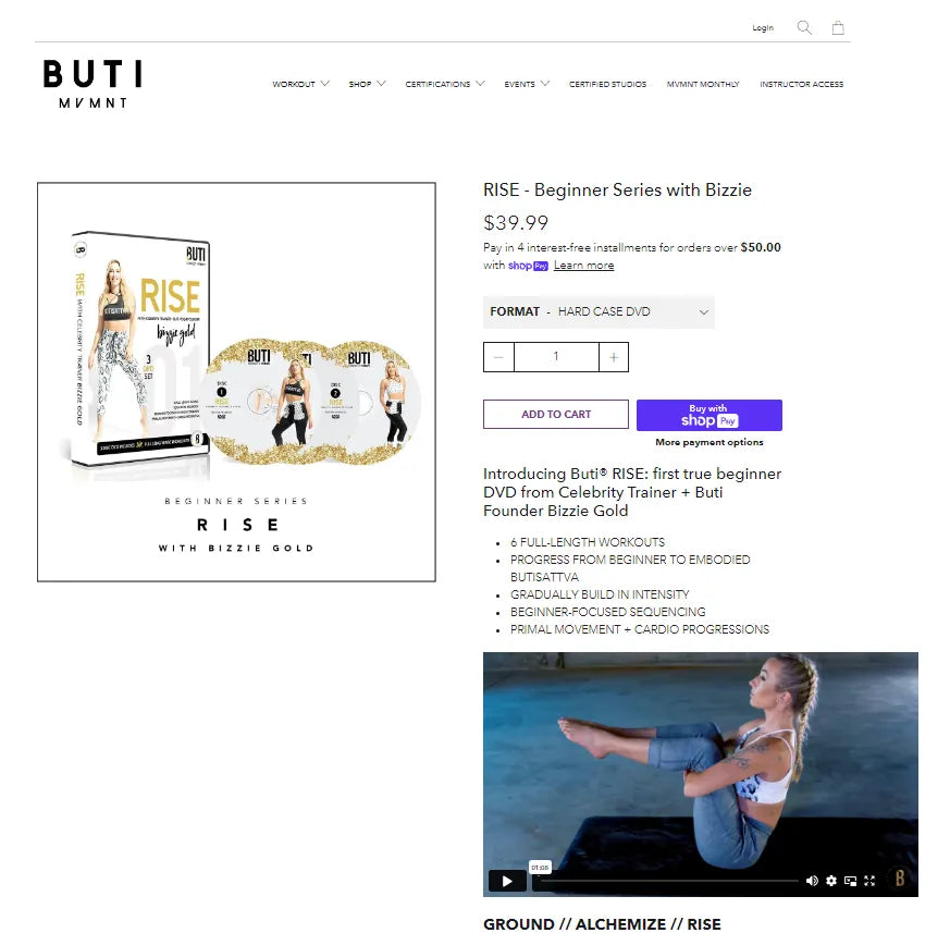 Screenshot of Buti Yoga’s product page.