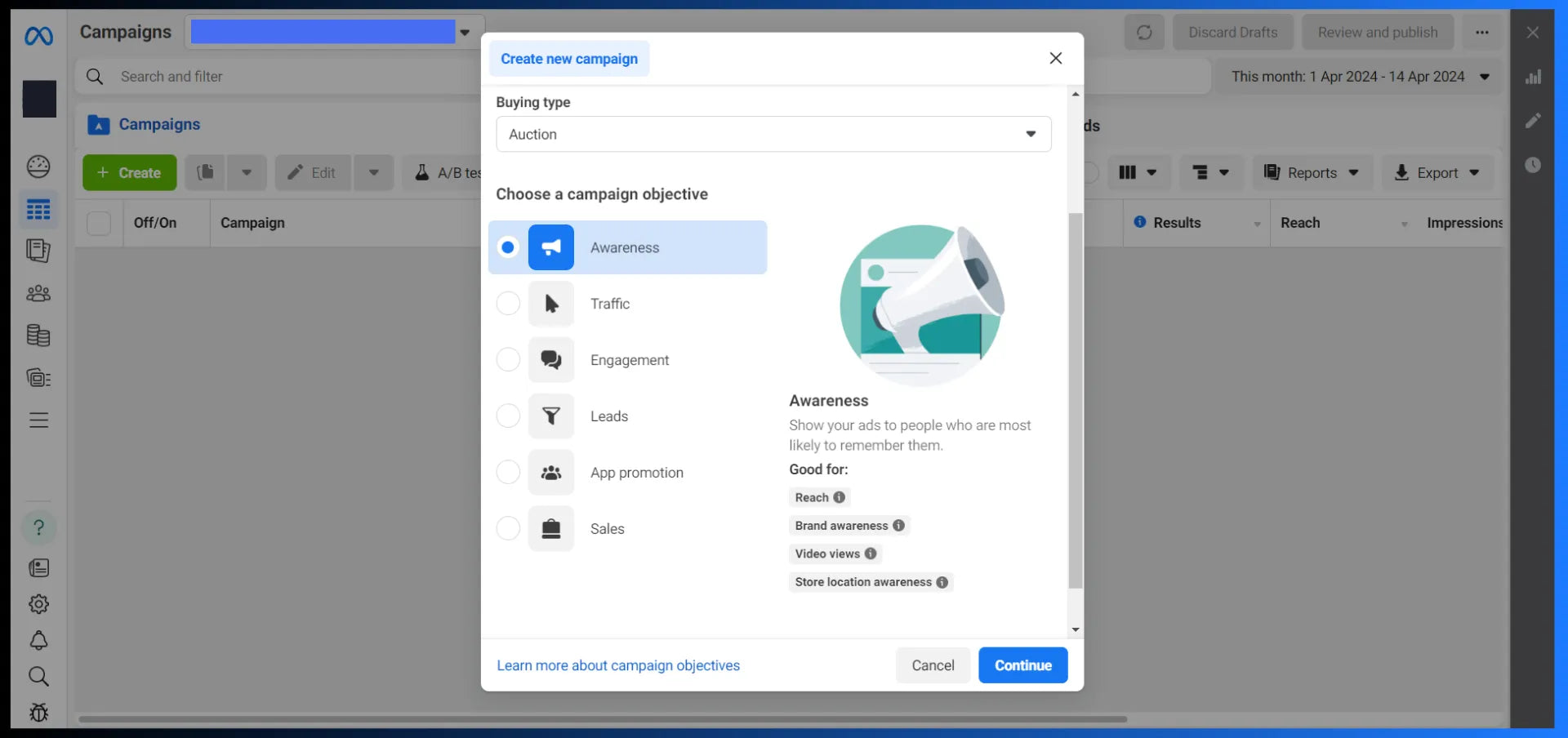 Awareness campaign objective in Meta Ads Manager