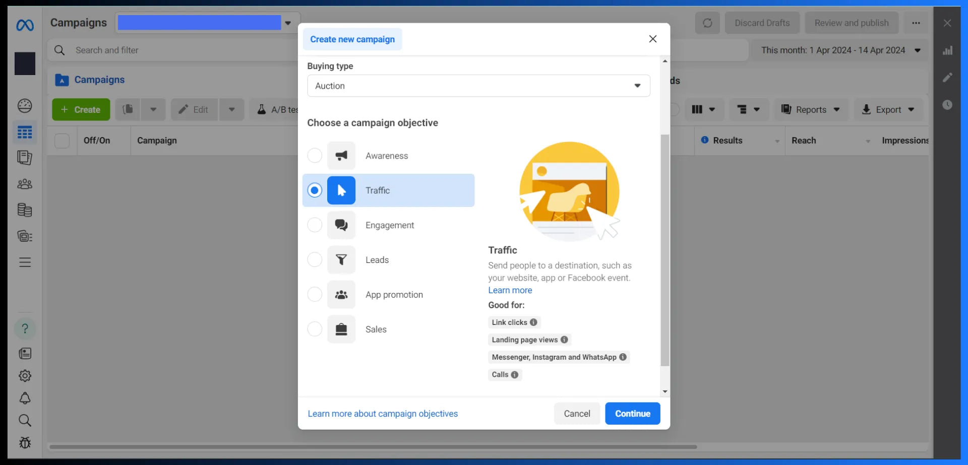 Traffic campaign objective in Meta Ads Manager