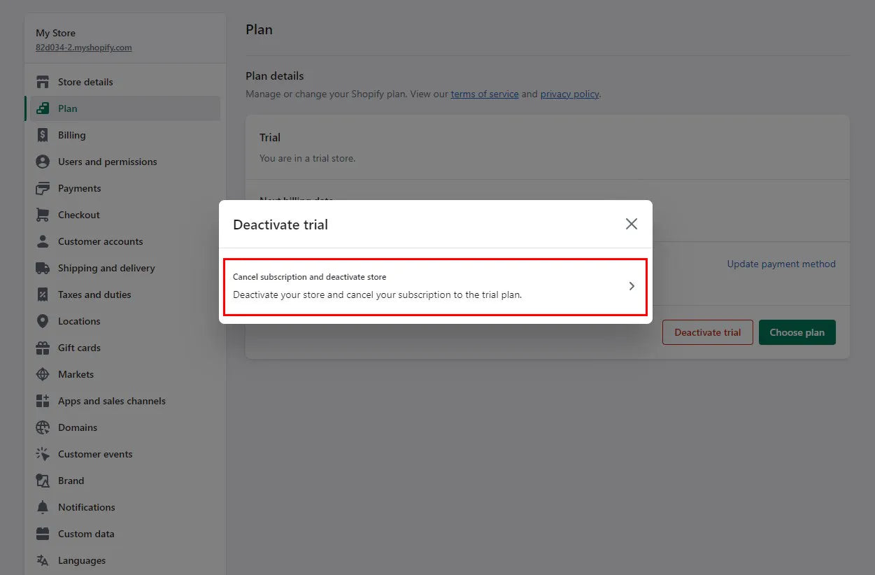 Cancel Shopify’s subscription and deactivate store