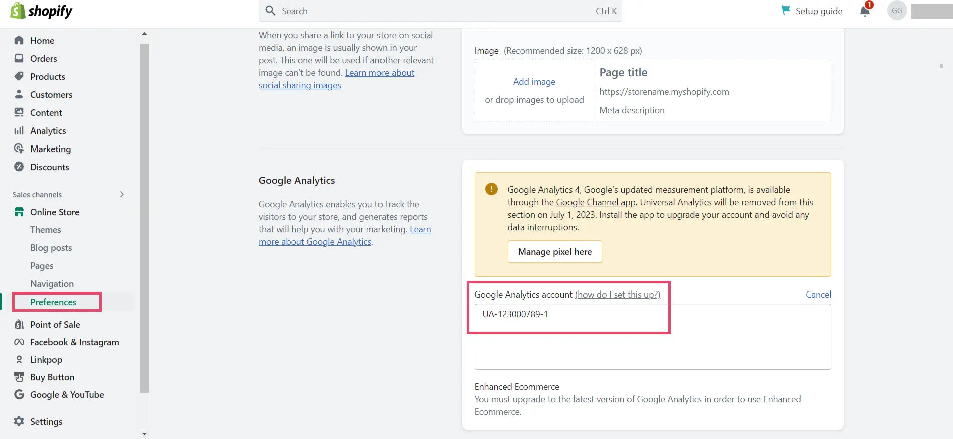 Google Analytics section in Shopify admin