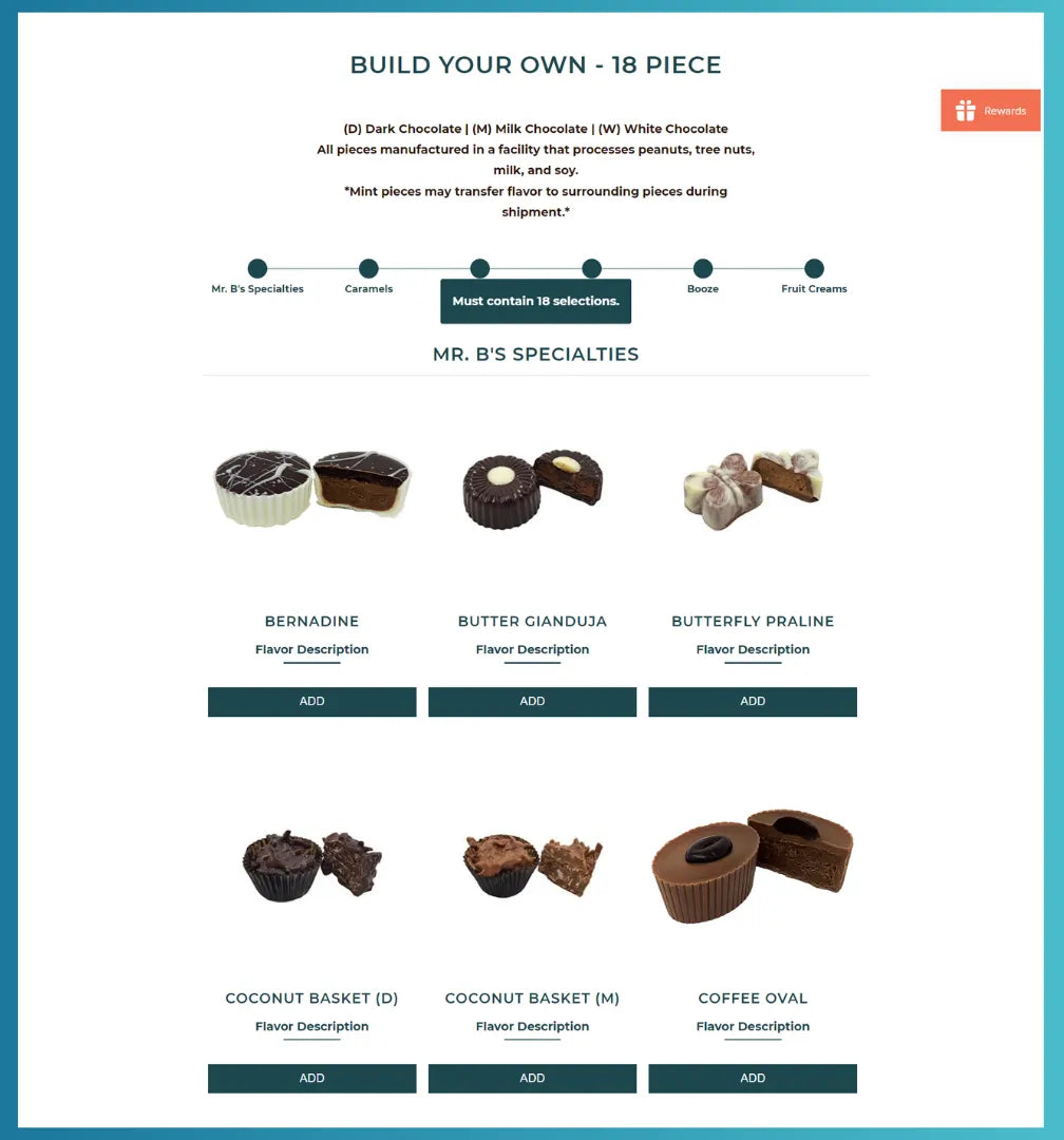 Product page for custom chocolate package