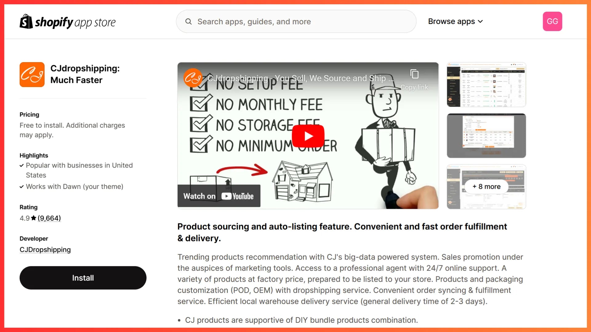 CJdropshipping app in the Shopify App Store