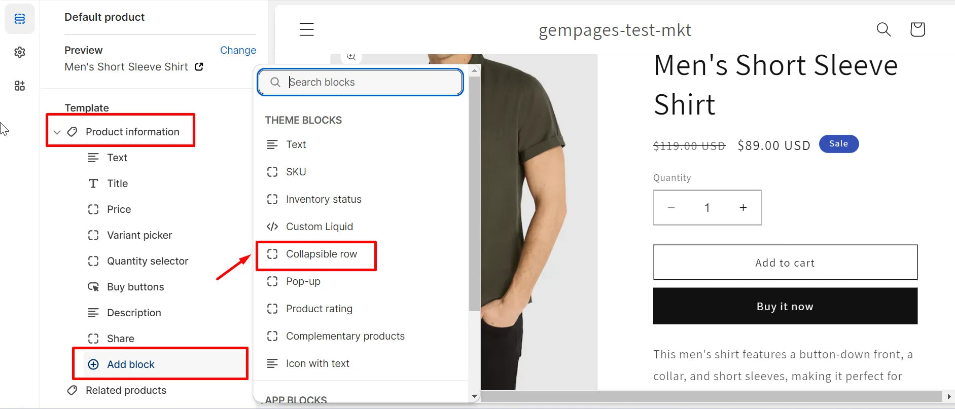 Screenshot of adding a size chart to product page template.