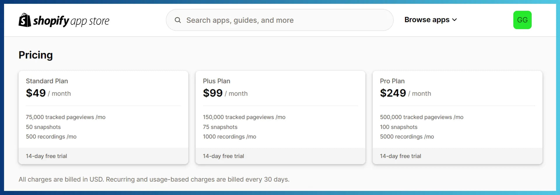 Crazy Egg app’s pricing plans on the Shopify App Store