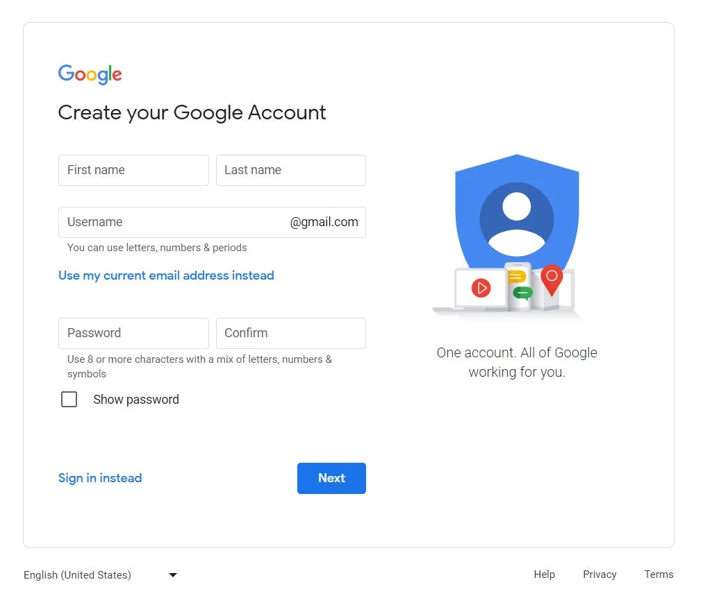 Google account sign-up page