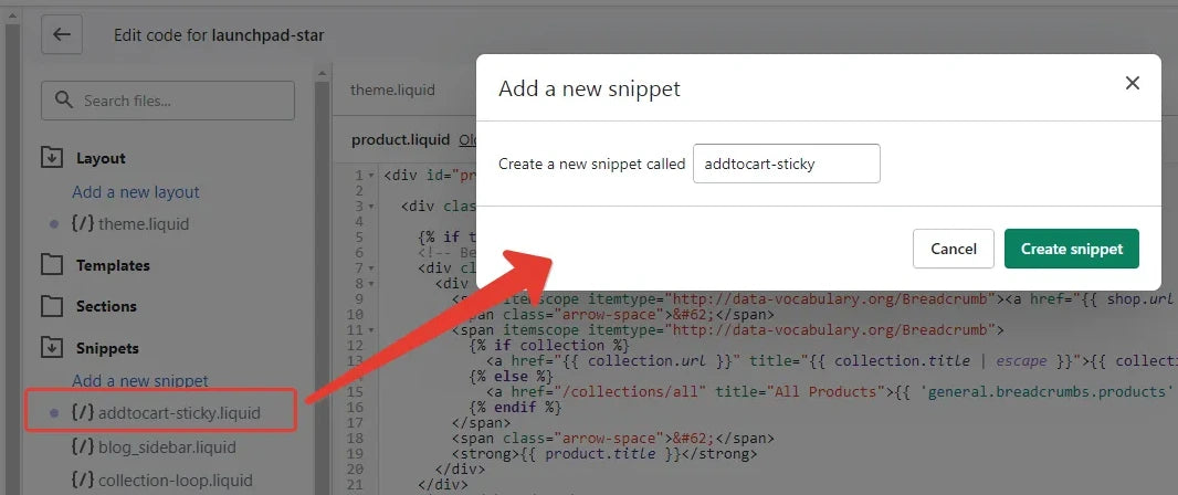 Sticky Add to Cart add a new snippet