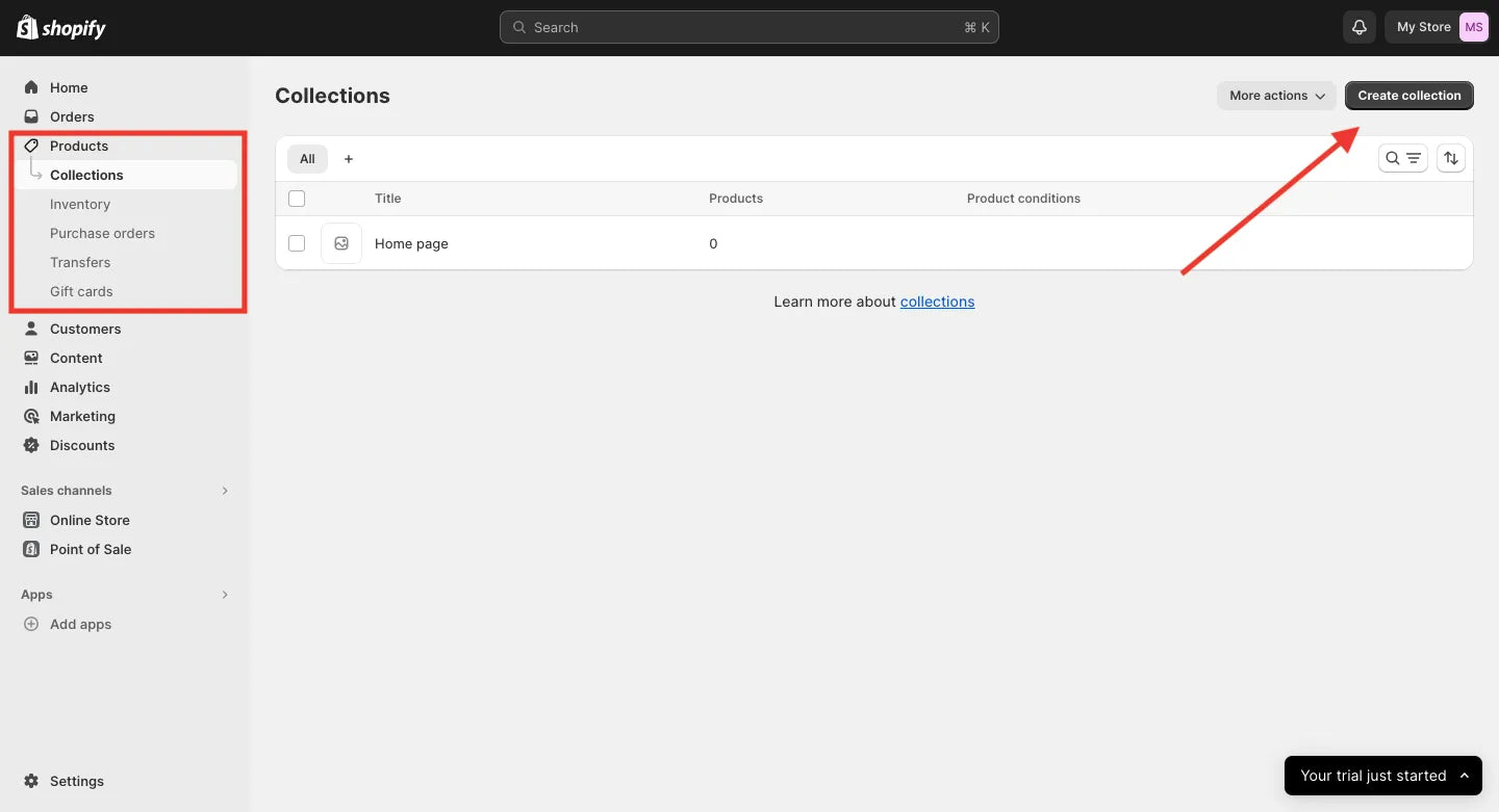 How to Add a Collection Page on Shopify step 1
