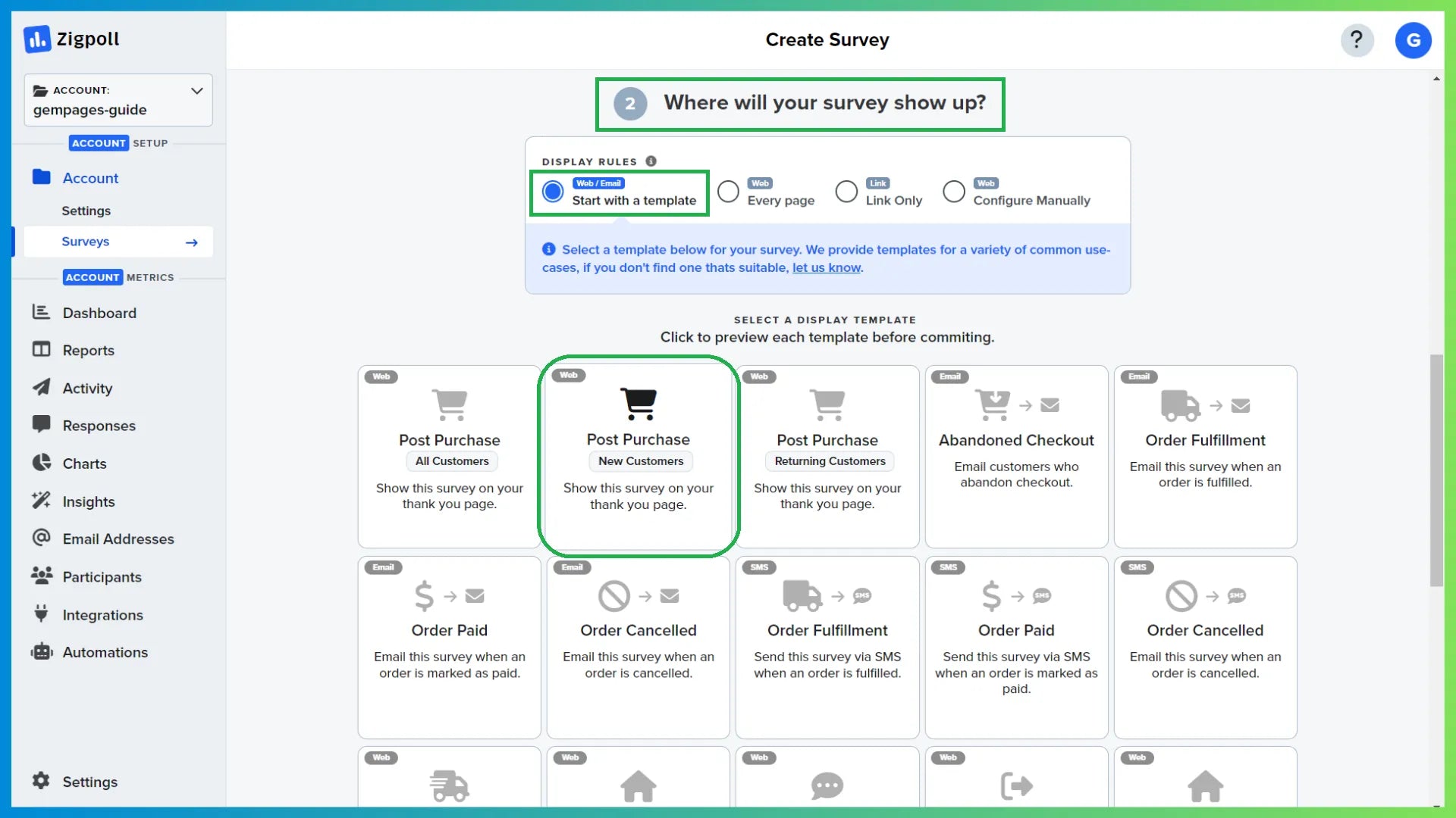 New survey configuration in Zigpoll