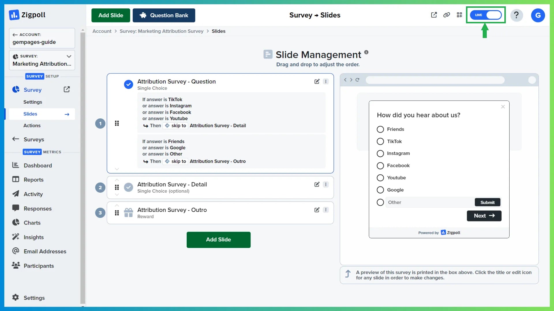 New survey configuration in Zigpoll