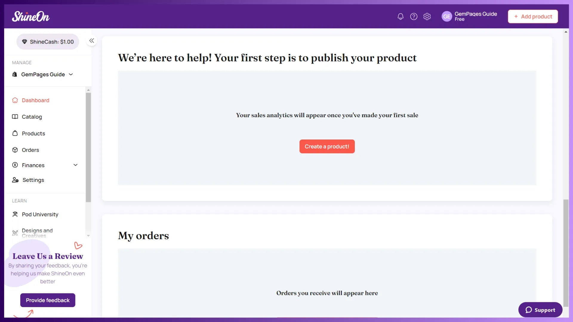 Product creation button in ShineOn dashboard
