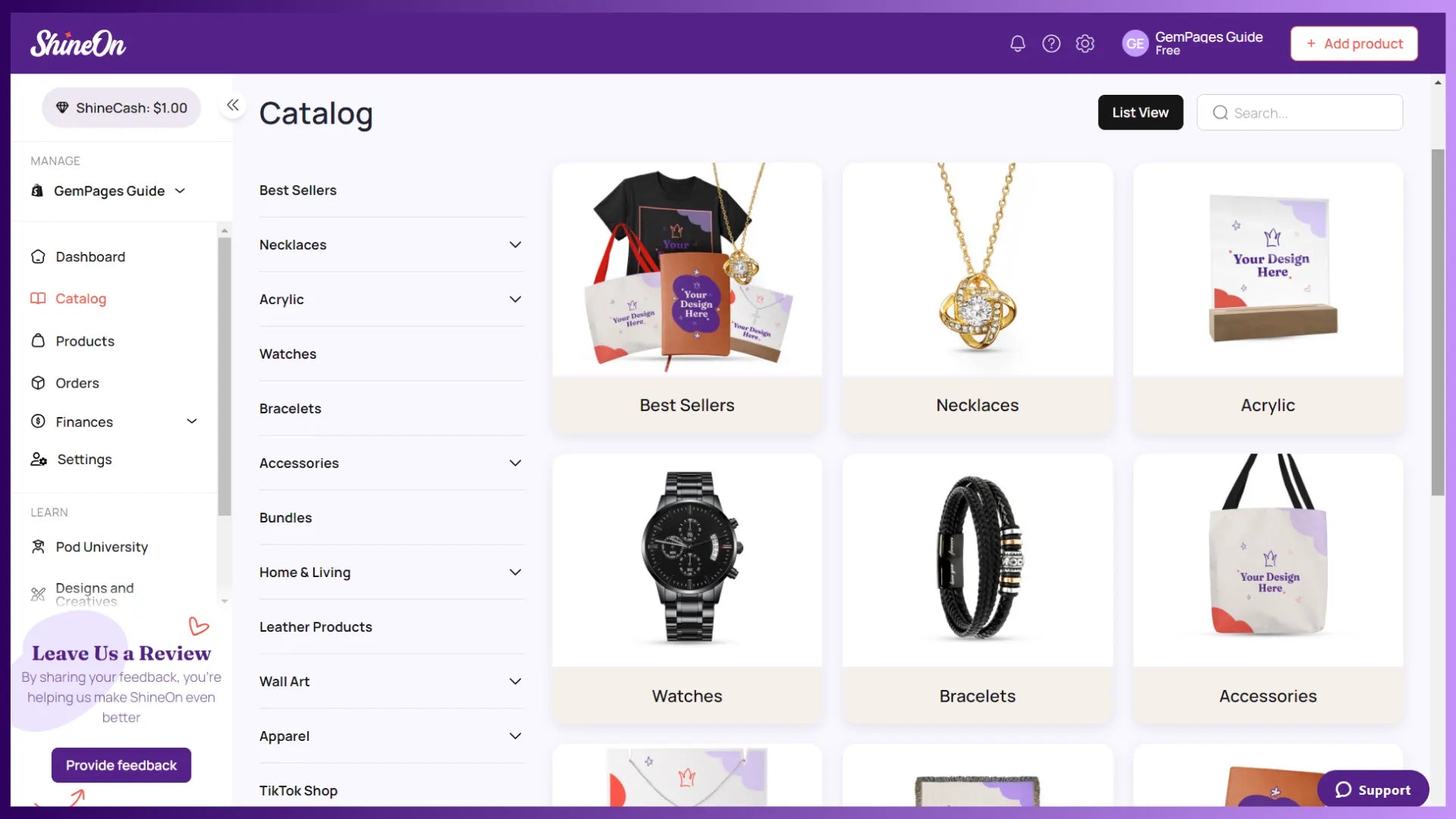Product catalog in ShineOn admin
