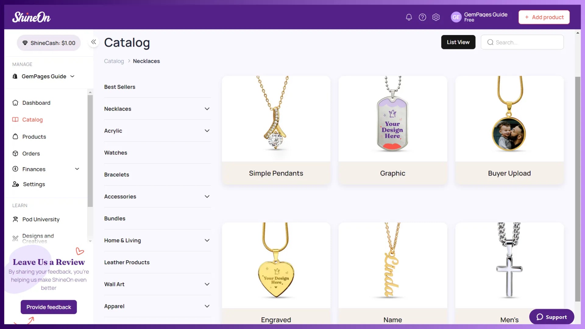 Product catalog in ShineOn admin