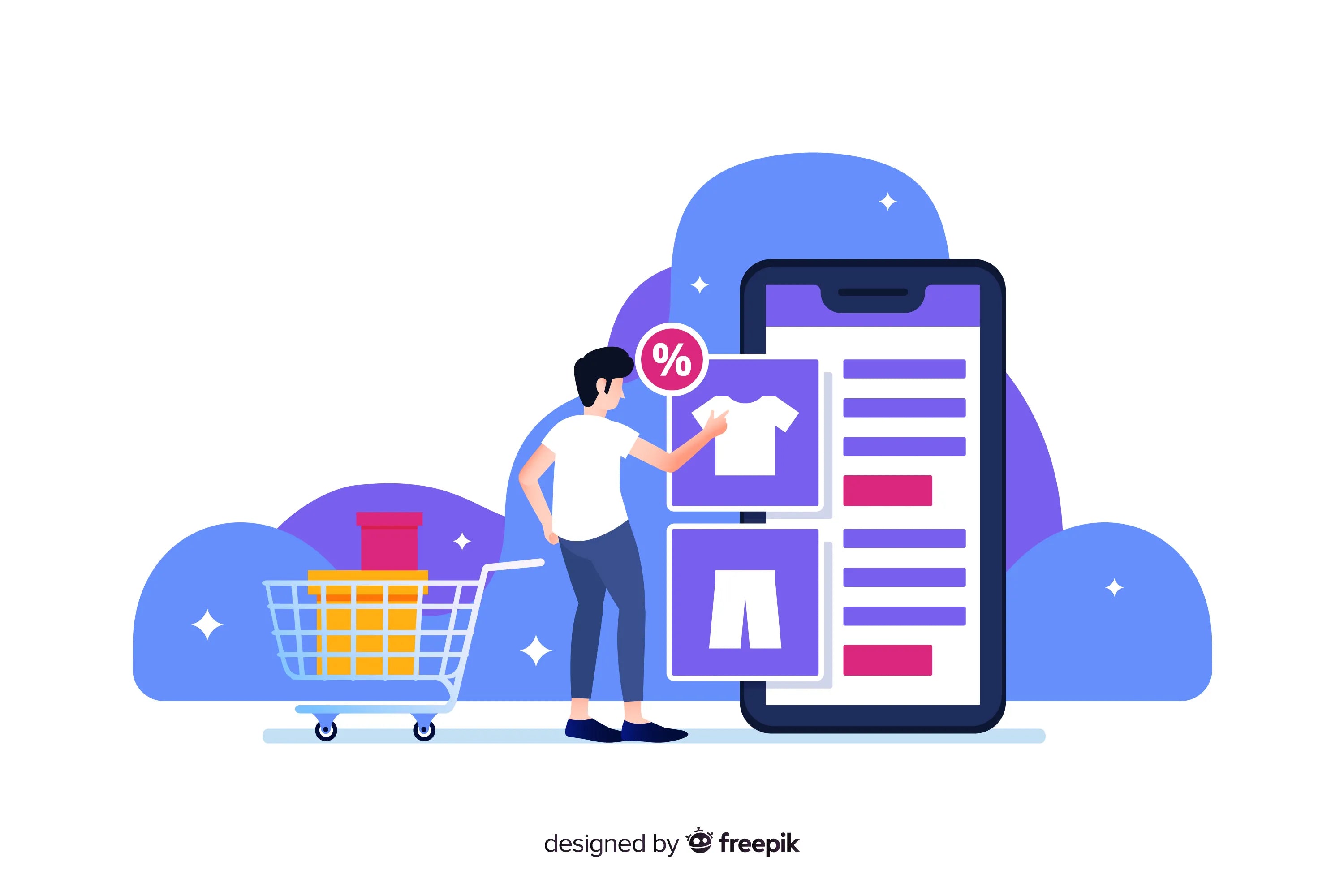 An illustration that depicts the process of online shopping on a mobile device. Source: Freepik.