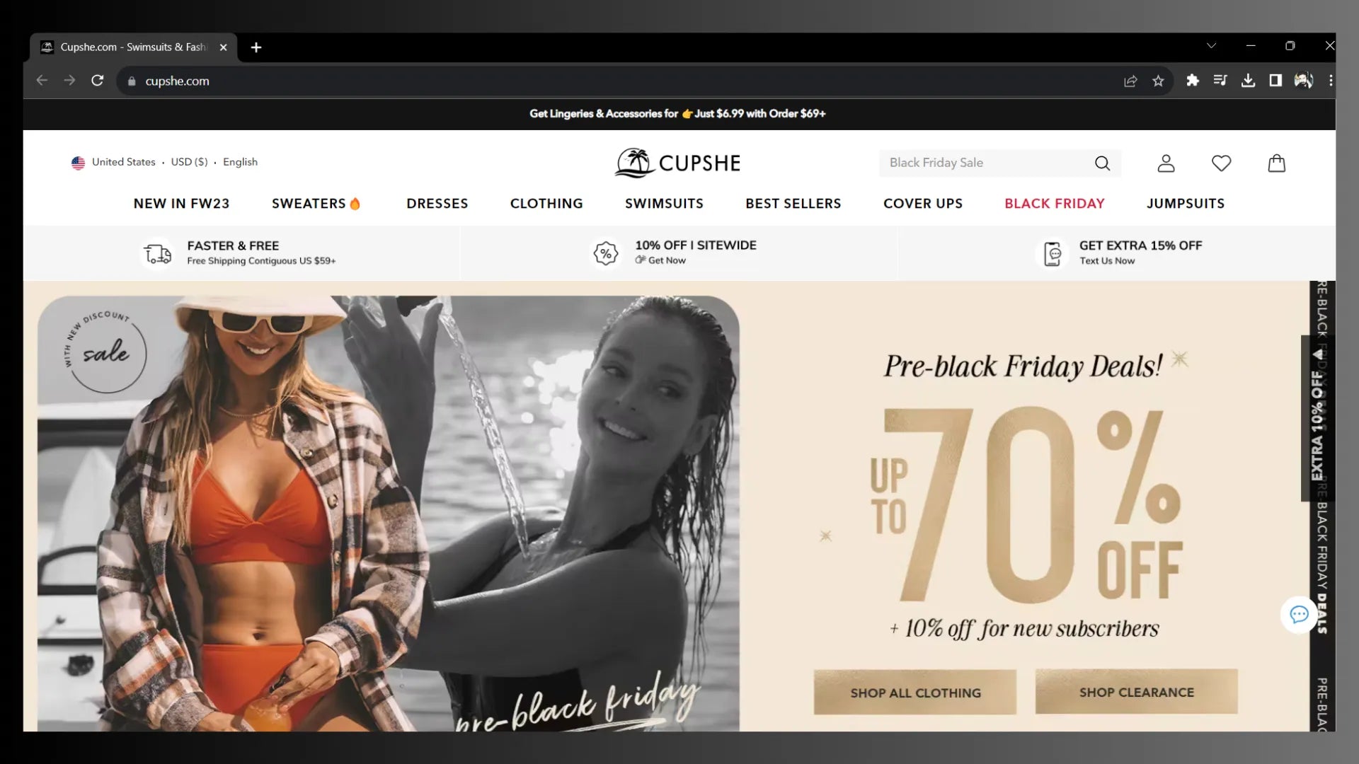 Above-the-fold section of Cupshe’s website