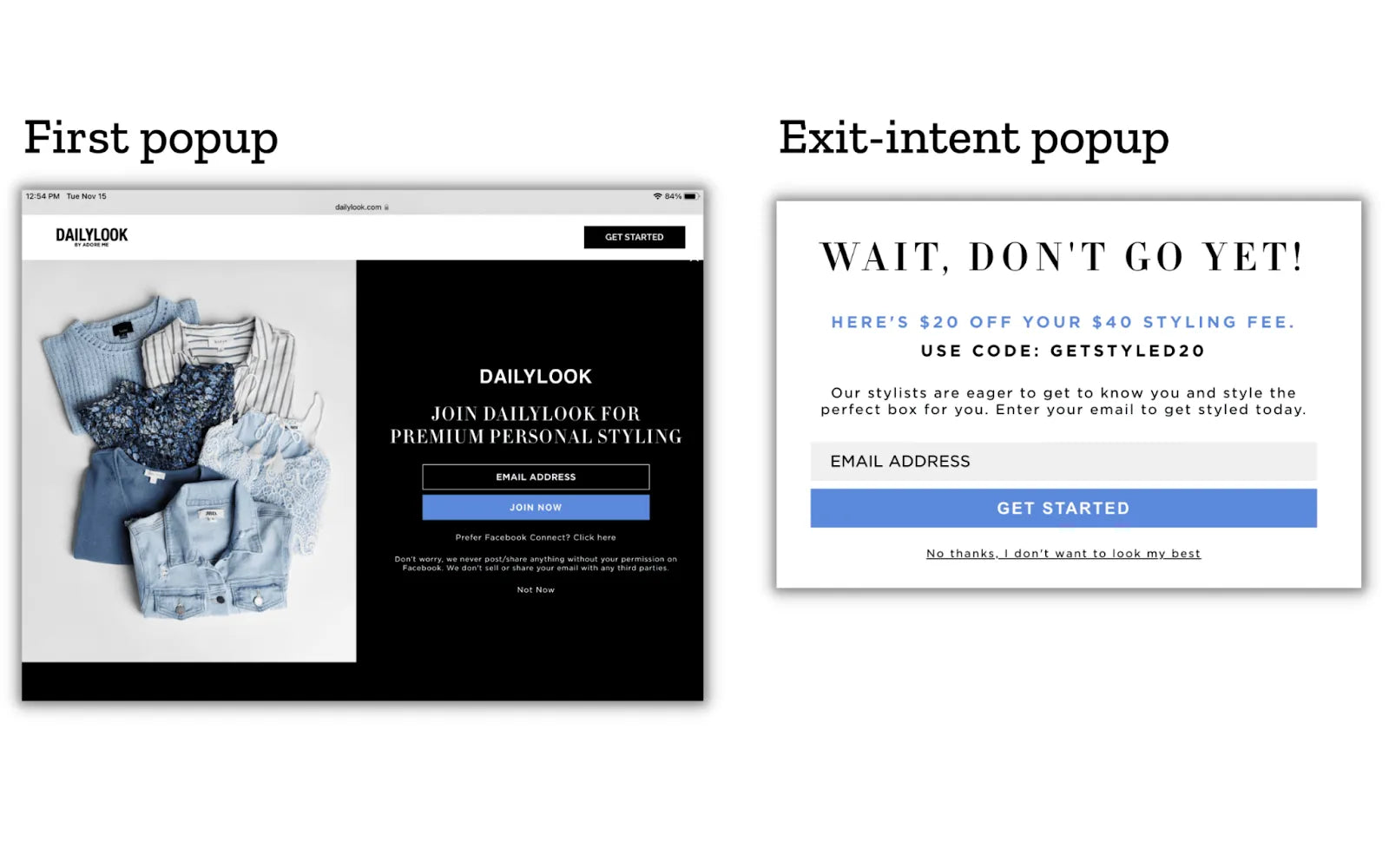 Screenshot of Dailylook’s first popup and exit-intent popup