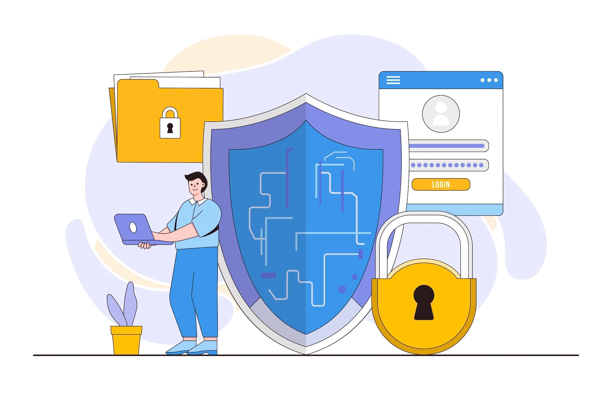 带有各种网络保护符号的人员插图。