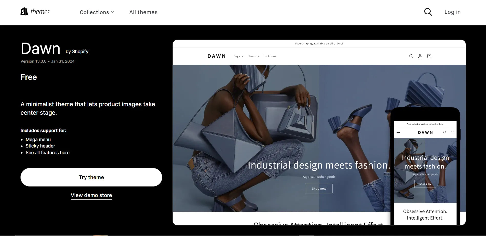 Screenshot of Dawn theme in Shopify theme store.