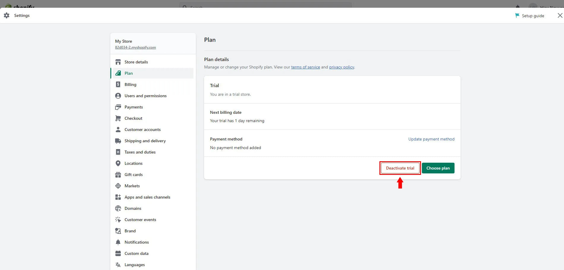 Deactivate Shopify’s free trial