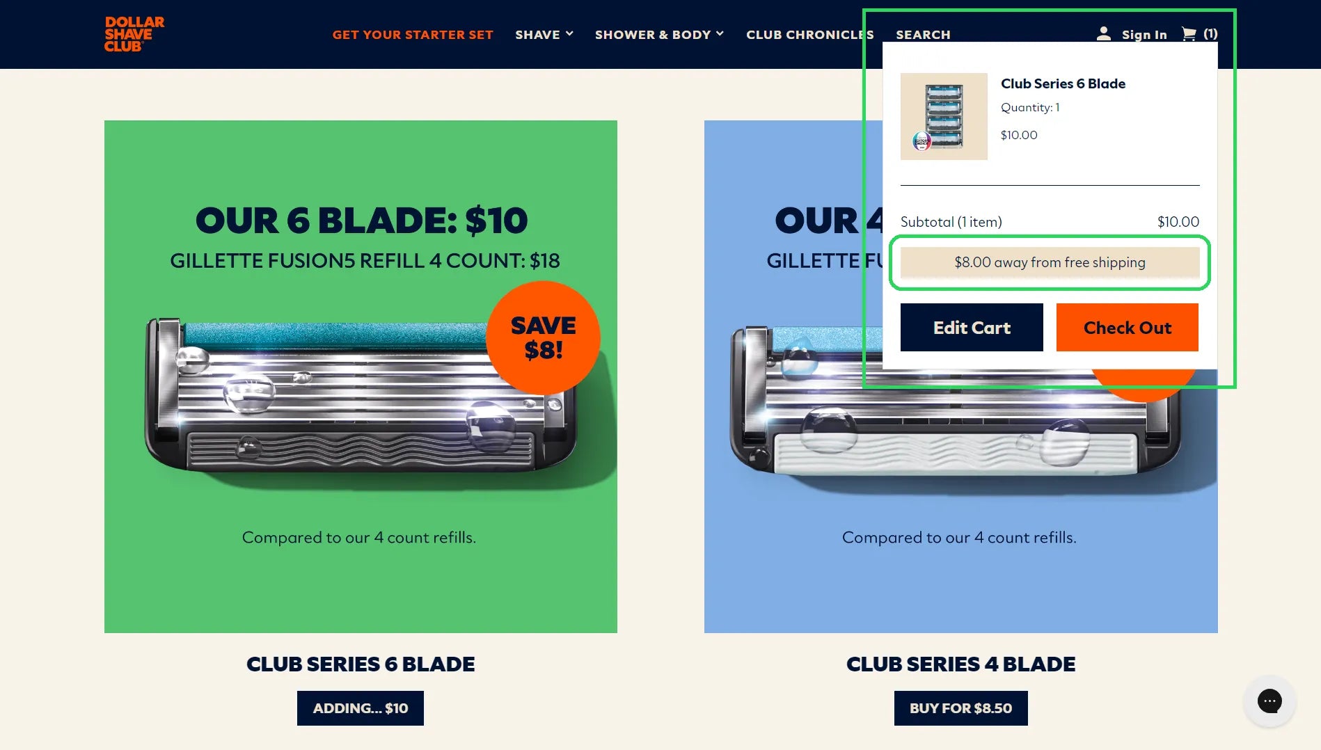 Dollar Shave Club’s product page with cart