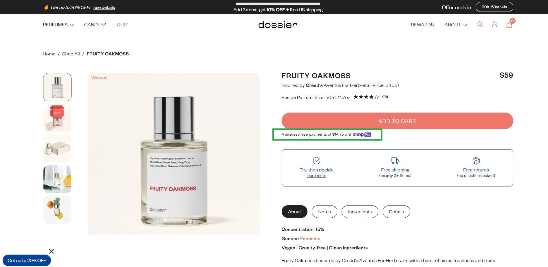 Product page of Dossier with the Shop Pay option