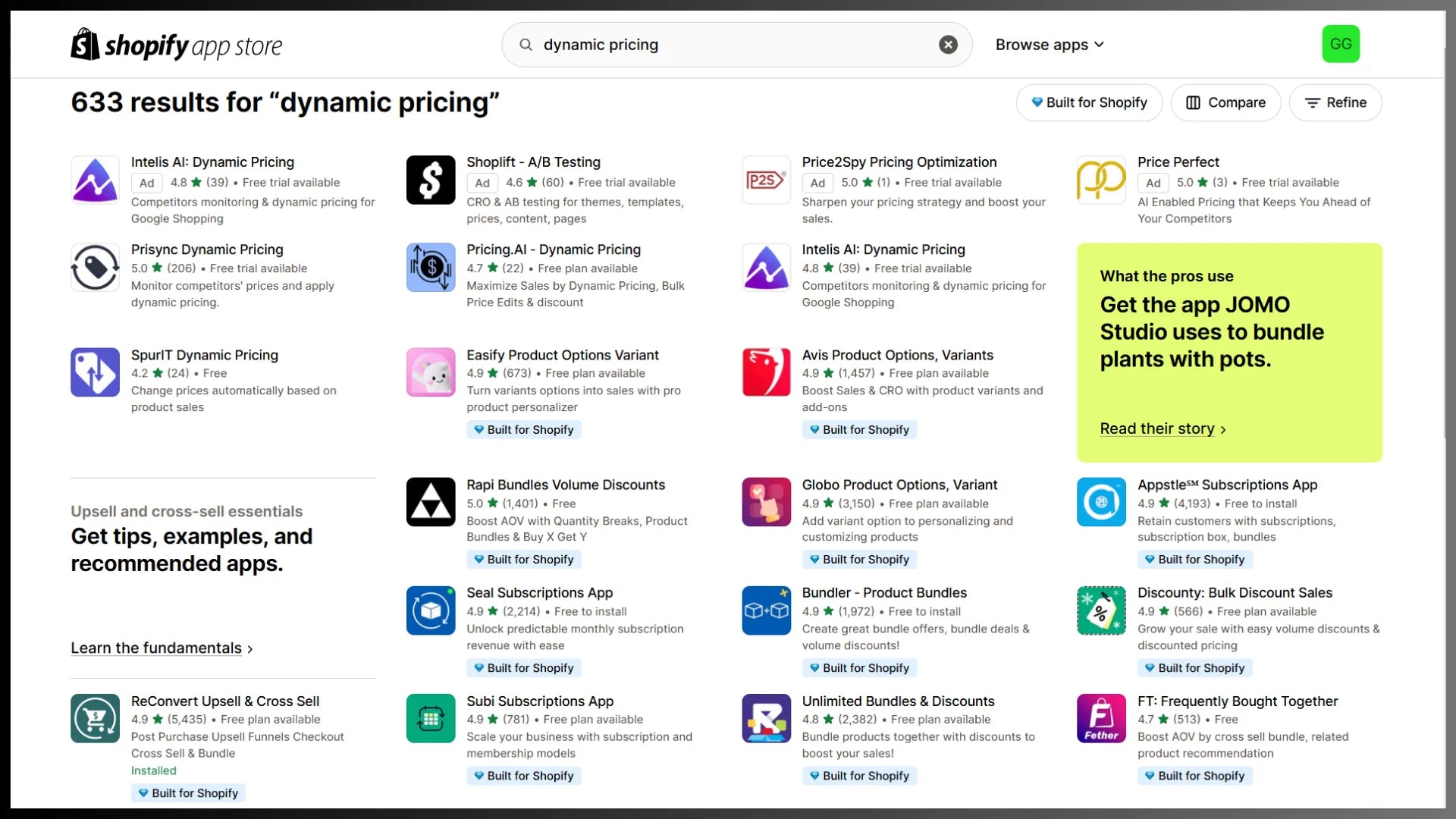 Shopify App Store displaying search results for dynamic pricing apps