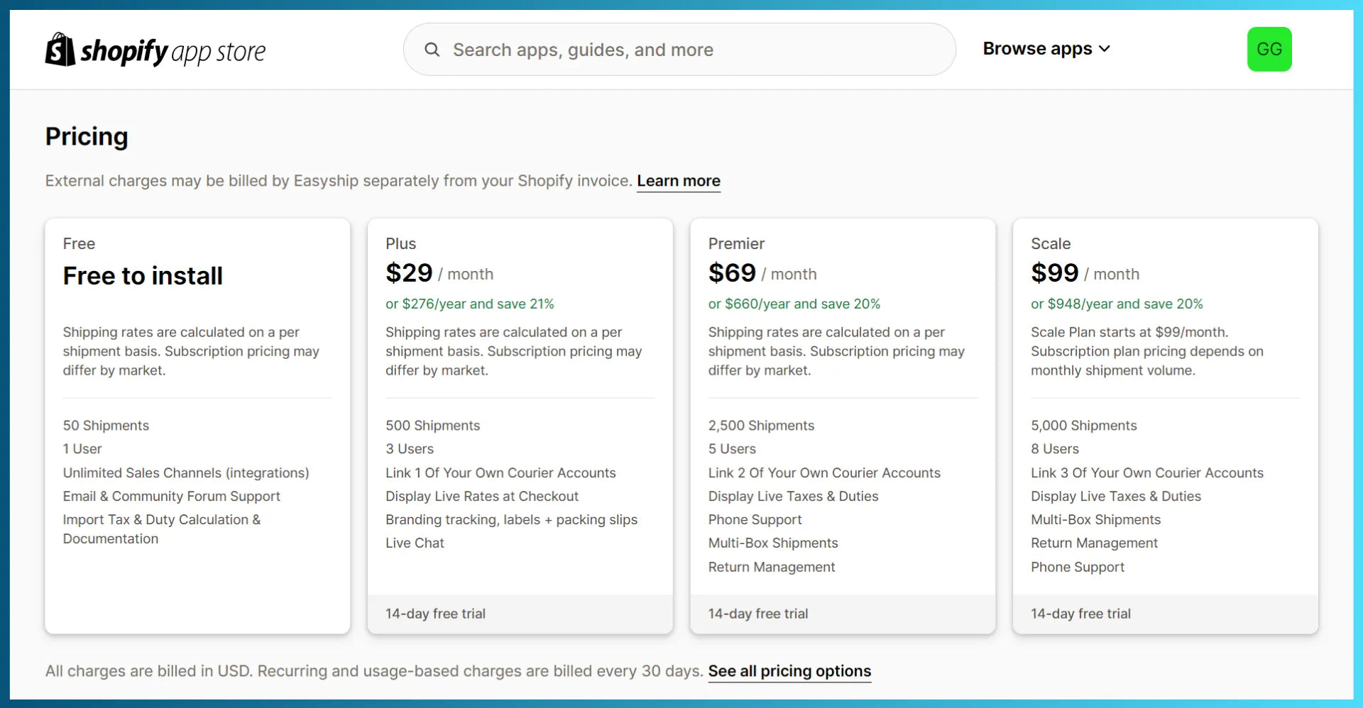 Easyship pricing plans