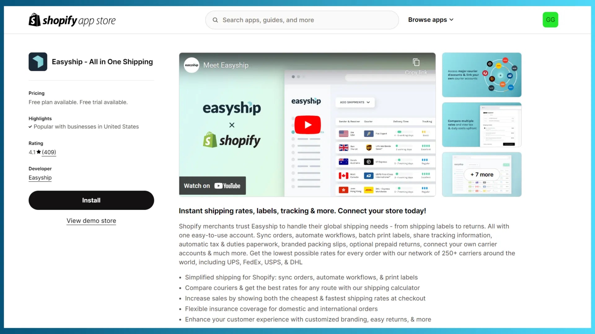 Easyship app in the Shopify App Store