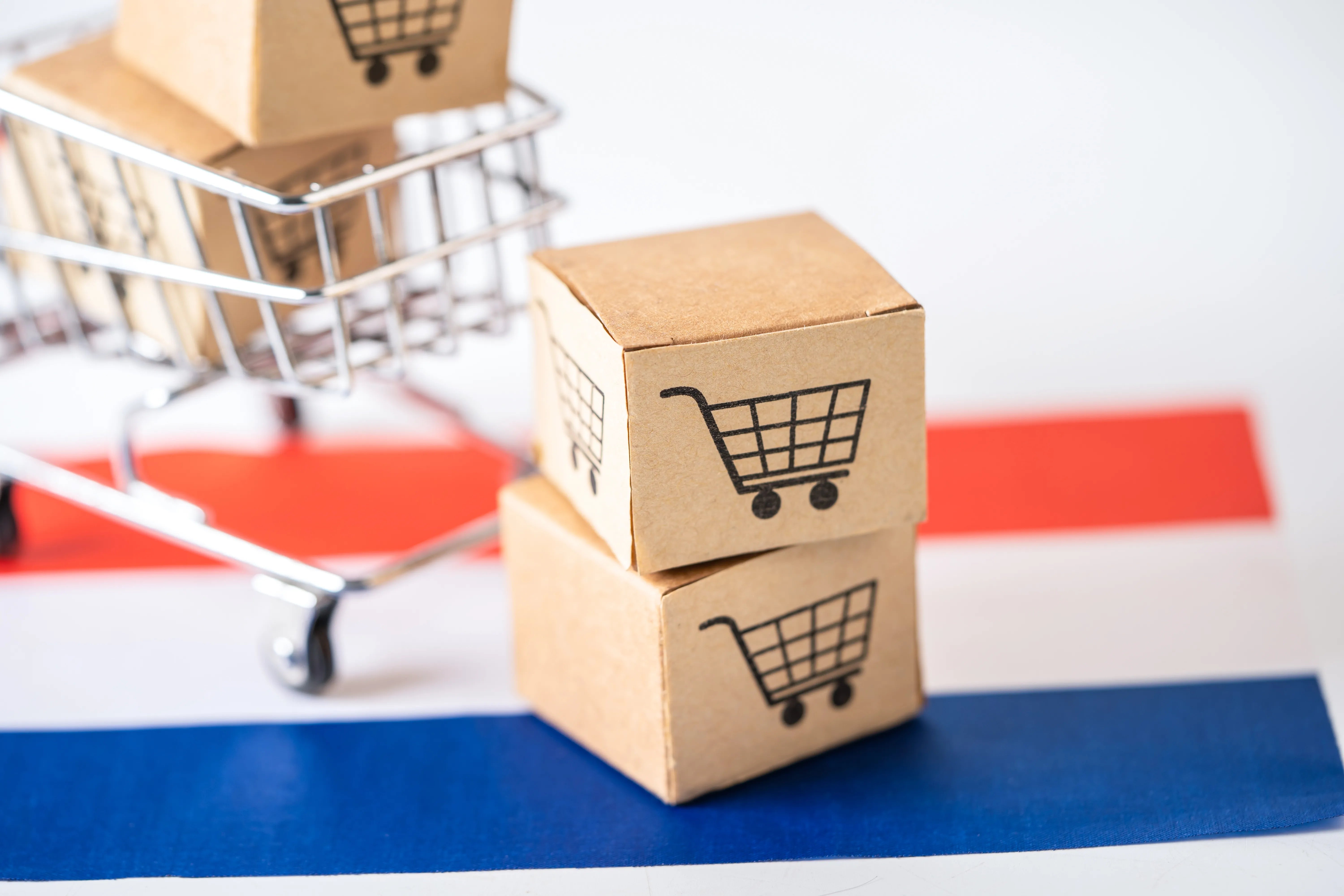 A photo that showcases the Dutch flag under miniature cardboard boxes and a shopping cart.