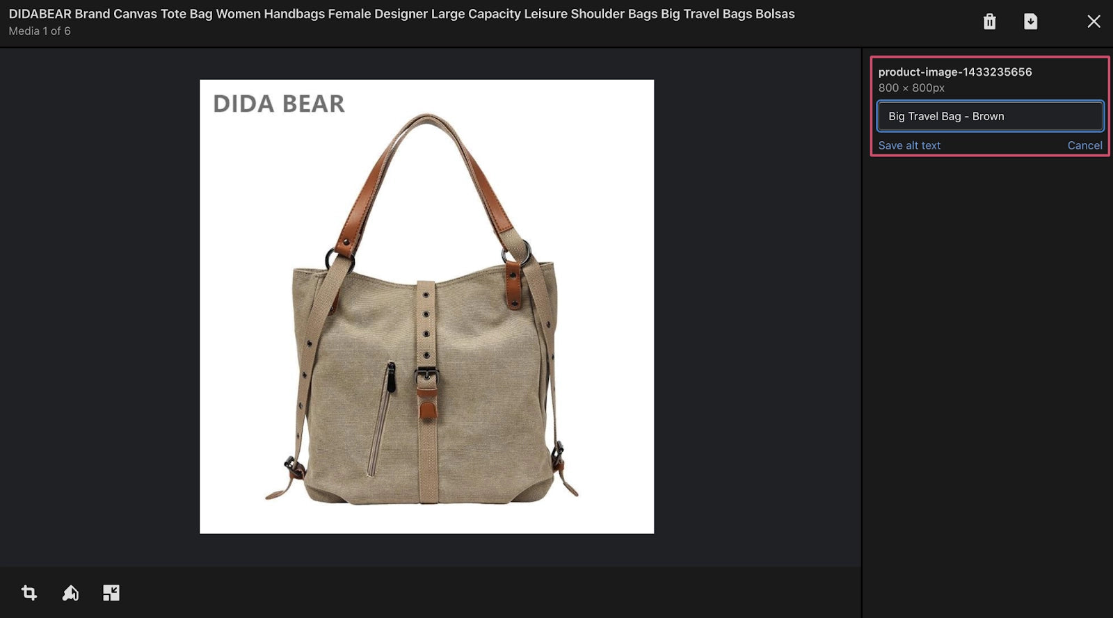 Edit alt text in the Shopify admin