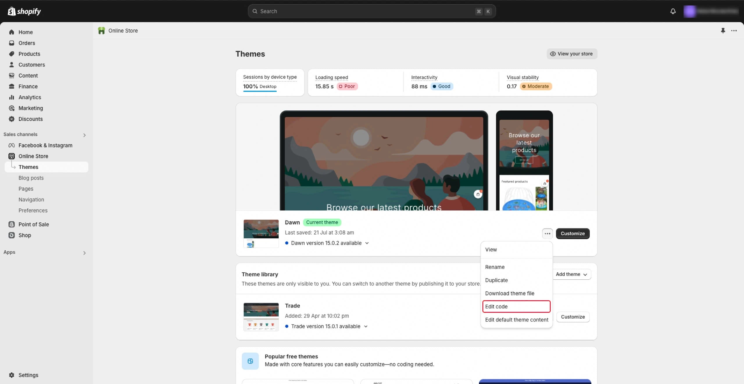 Screenshot of the Shopify Admin dashboard.