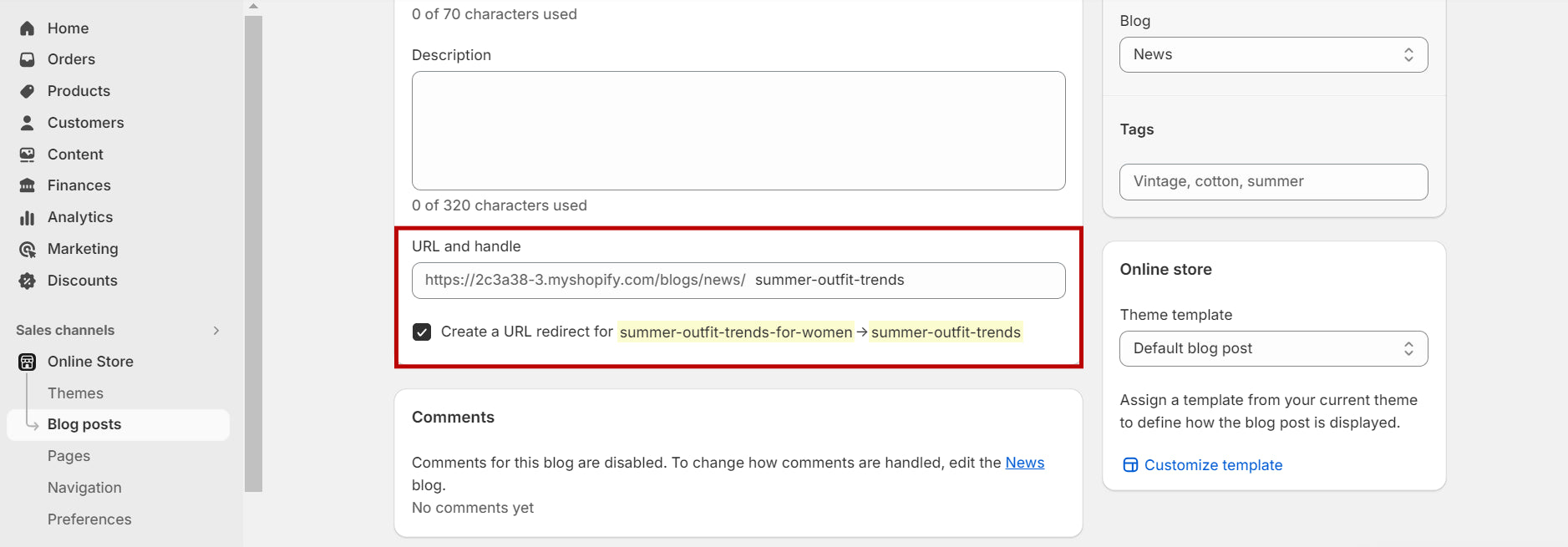 The section to edit the blog address in the Shopify dashboard