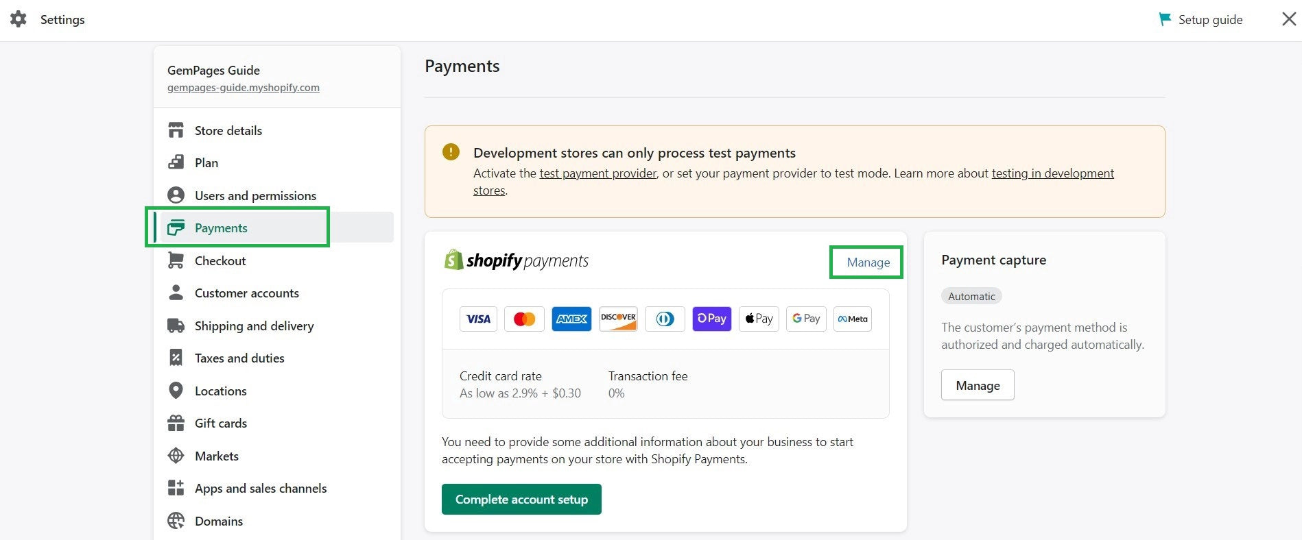 Shopify Settings - Payments