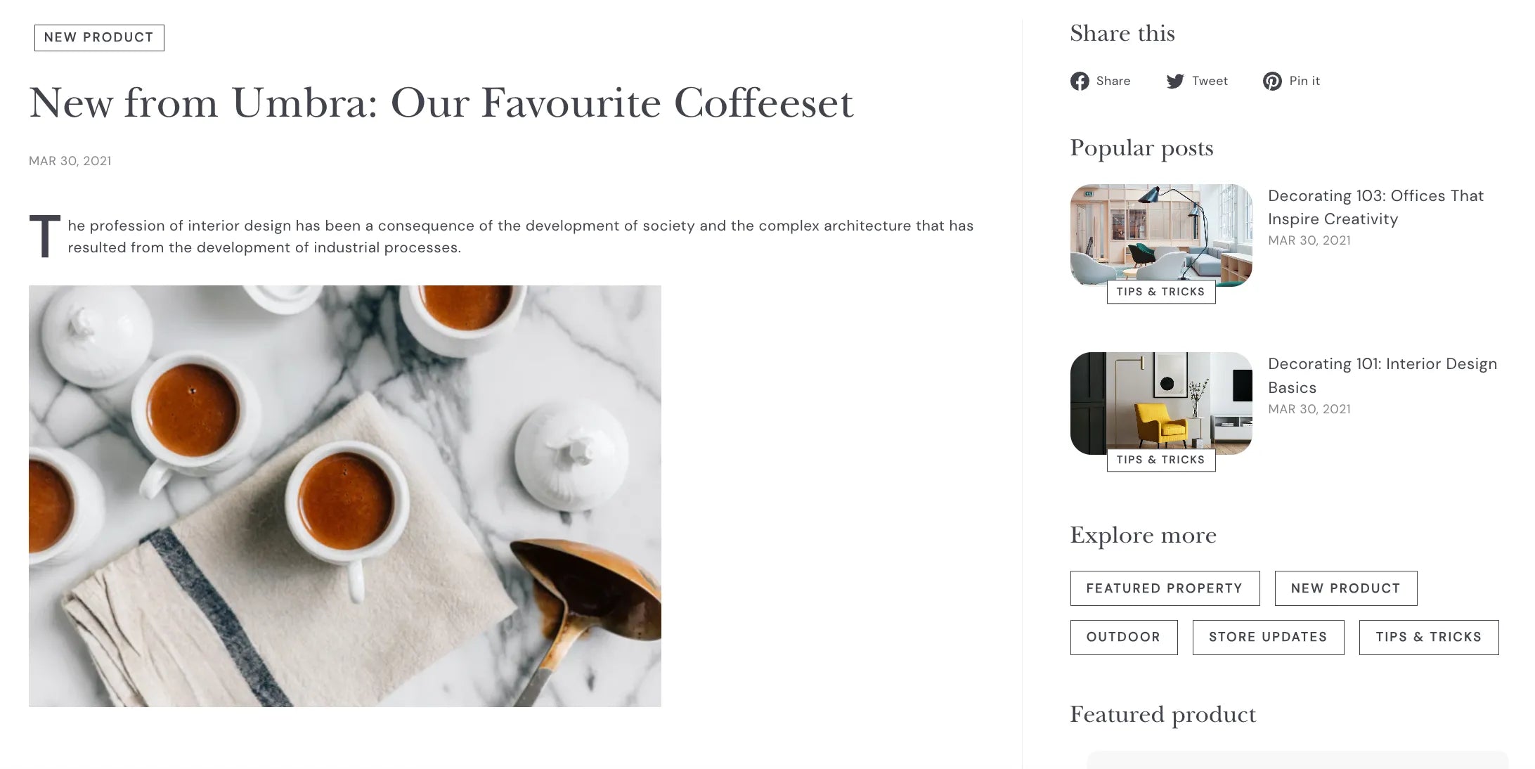 A screenshot of the blog detail page of Expanse a Shopify blog theme.