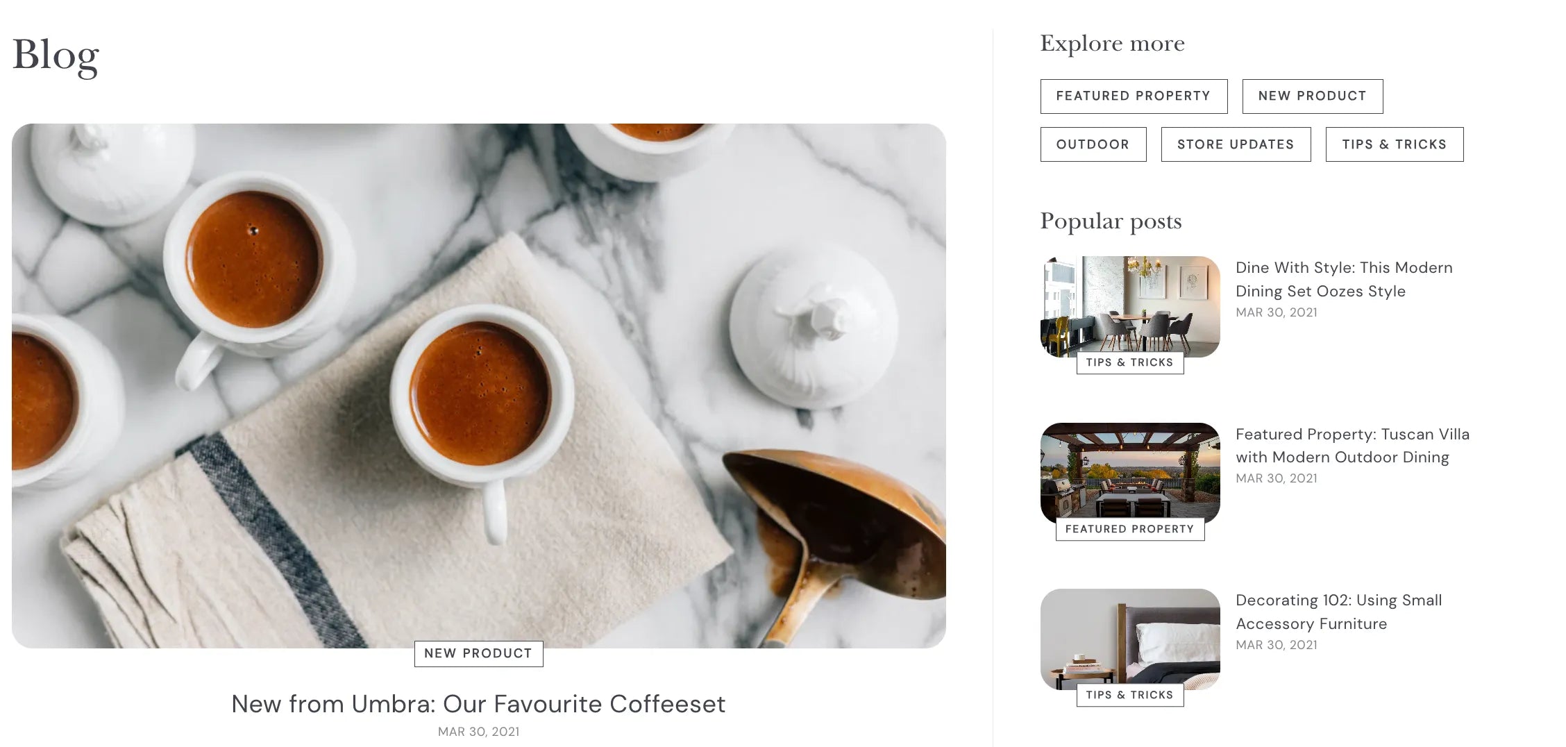 A screenshot of the blog page of Expanse a Shopify blog theme.